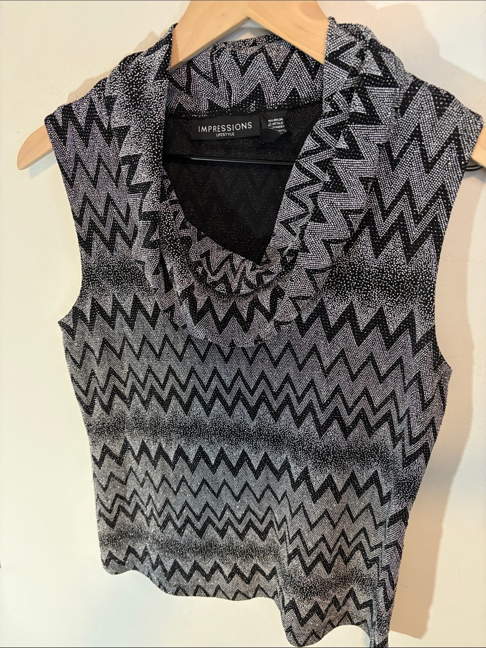 Y2K Silver Metallic Glitter Sparkle Zig Zag Chevron Print Draping Cowl Neck Tank